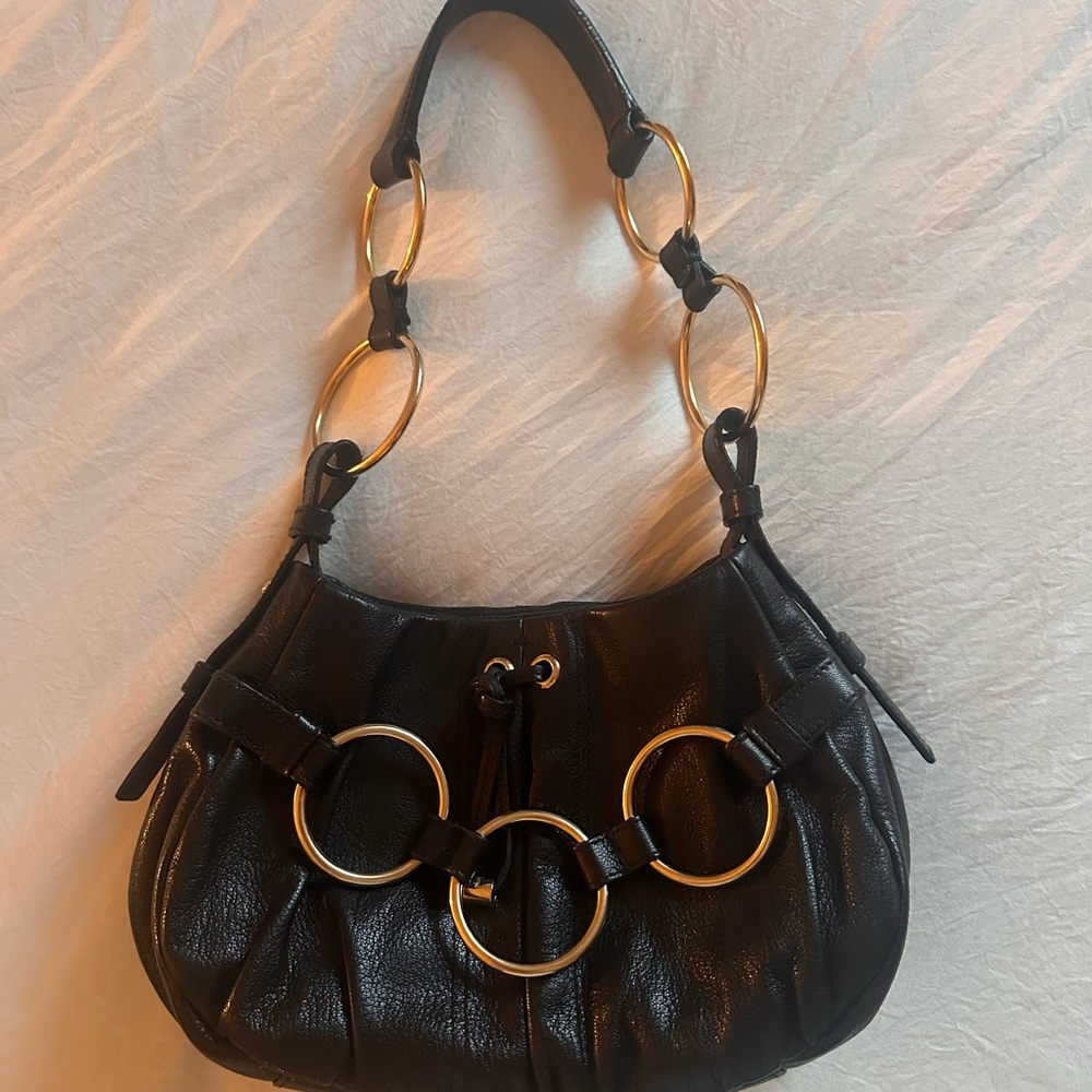 Yves Saint Laurent Black Leather Shoulder Bag with Gold Rings